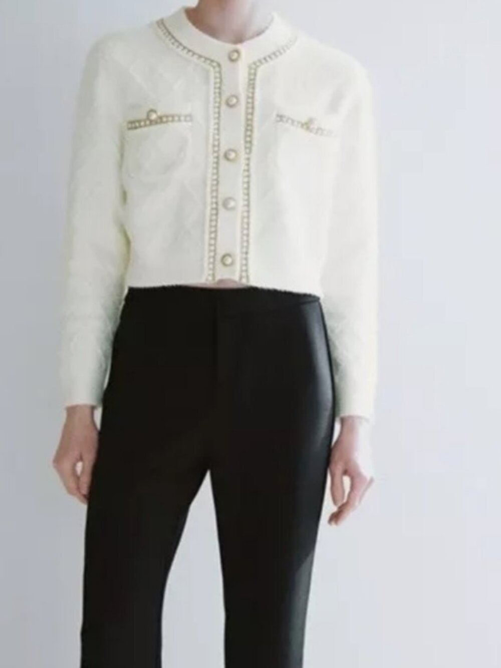 Urban Revivo Cropped Textured Knit Cardigan Cream Pearl Buttons Size Small